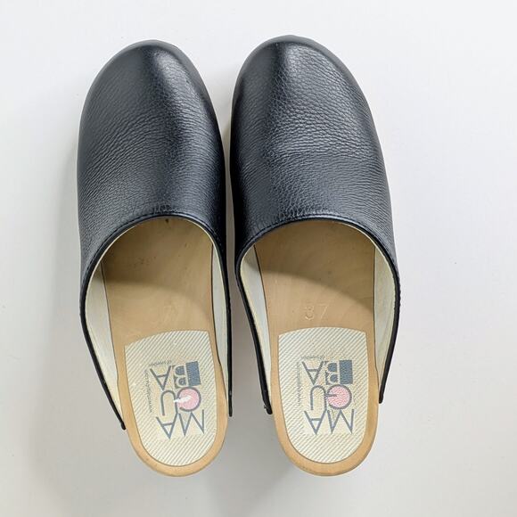 Maguba Clogs Wedge Heels 37 Black Leather Wood Platform Scandinavian Boho - Picture 10 of 12